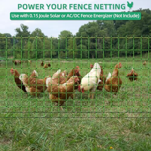 Poultry Netting Electric Fence, Portable Livestock Nets Mesh for Chickens, Ducks, Geese, Turkey, Electric Fencing for Backyards, Homesteaders, Farms, Ranches (Green, 41.5" H x 164' L Poultry)