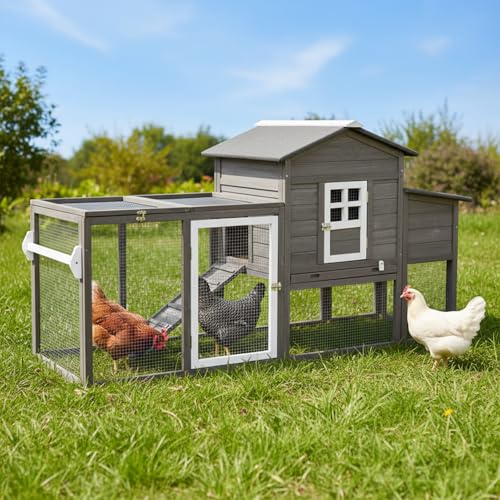 79" L Chicken Coop and Run, Large Chicken Hen House Indoor Outdoor with Wheels, Nesting Boxes, Removable Tray, Two Story Wooden Poultry Cage for Chickens Quails Small Animals(Grey) - color: 79" L Grey
