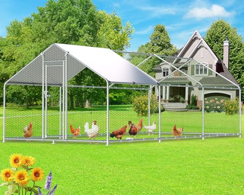 Large Metal Chicken Coop 19.2x9.84x6.6ft Chicken Runs for Yard with Cover, Walk-in Chicken Coops for 20 Chickens, Heavy Duty Chicken Run Lockable Chicken Pen Outdoor Poultry Cage - color: Spire Roof, size: 20x10ft