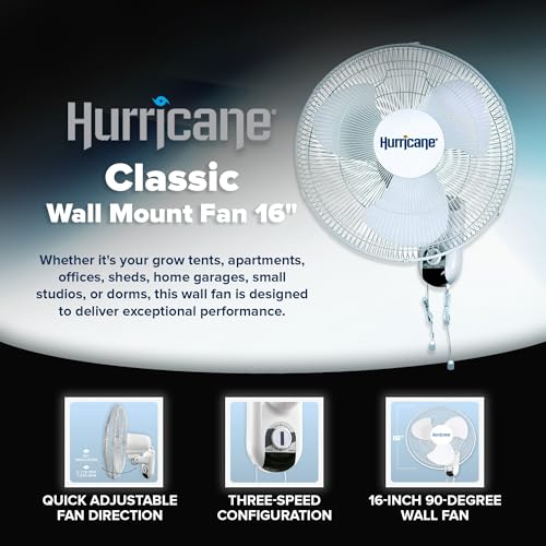 Hurricane Classic Oscillating Wall Mount Fan w/ 3 Quite Speeds, White, 16" - Corded Electric Air Cooling Unit w/ Easy Pull Cord Controls for Home, Grow Tents, Offices, Sheds, Studios, Garages & Dorms - style: Classic