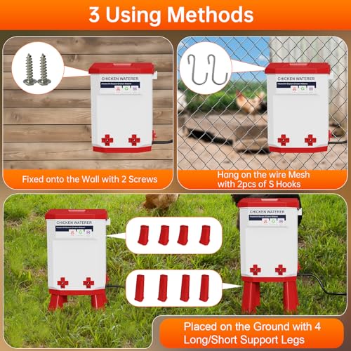 Heated Chicken Waterer, 2 Gallon Thermostatic Poultry Drinker with 4 Nipples, Outdoor Winter Water Heater with Leg Base for Chickens, Ducks, Geese, Turkeys, Anti-Freeze Automatic Watering System