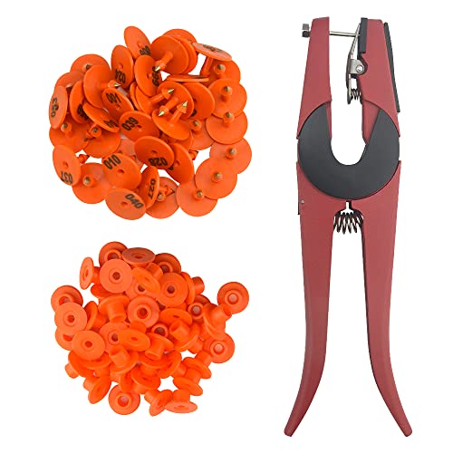 WMYCONGCONG 100 Sets Livestock Ear Tags Identification Tags Round Shape 1-100 Numbered with 1 PCS Pliers Applicator for Goats Sheep Pigs Dogs Orange - color: Orange
