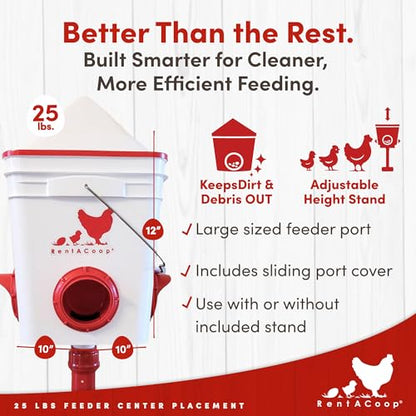 RentACoop 25lb BPA-Free Chicken Feeder with 4 Large Ports - Includes Lid, Anti-Roost Cone, Rain Hoods, and Custom Adjustable Stand - Large Capacity No-Waste Poultry Feeder - Center Placement