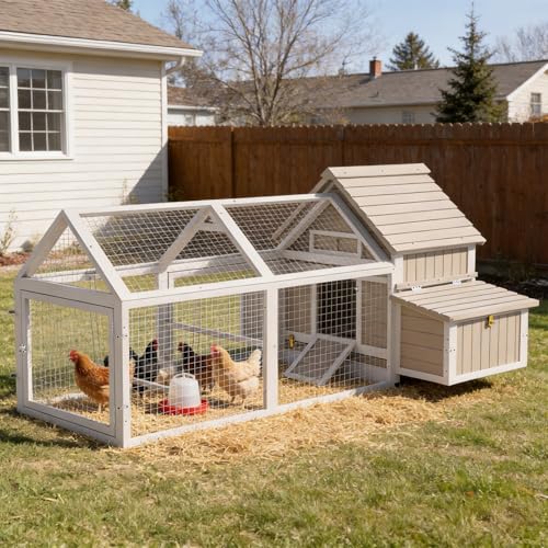 83" L Large Chicken Coop and Run, Hen House with 4 Nesting Box Boxes, Rabbit Hutch Poultry Bunny Cage for 2-5 Chickens with 4 Perches, Removable Tray and Ramp