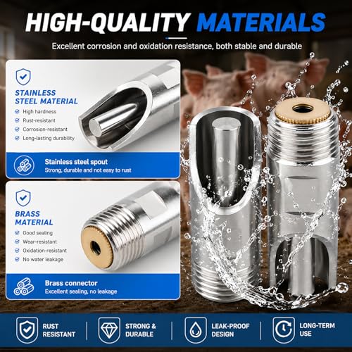 Automatic Pig Waterer Nipple System, Stainless Steel Pig Waterer with Brass Water Tank Connector Kit, Hog Water Drinker Feeder with Float Valve and Garden Hose for Pig Goats Piglets
