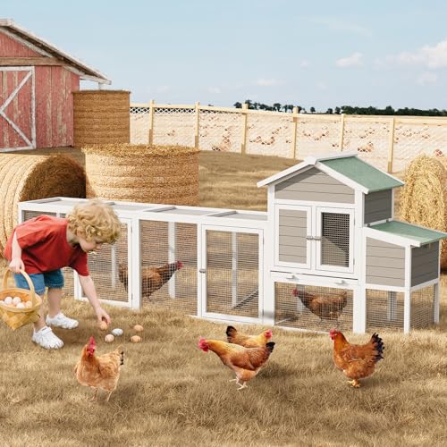 122'' Large Wooden Chicken Coop, Outdoor Chicken Cage with Sloped Asphalt Roof, Sliding Tray & Nesting Box, Weather-Resistant Poultry Cage for 4-6 Hens
