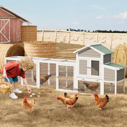 122'' Large Wooden Chicken Coop, Outdoor Chicken Cage with Sloped Asphalt Roof, Sliding Tray & Nesting Box, Weather-Resistant Poultry Cage for 4-6 Hens
