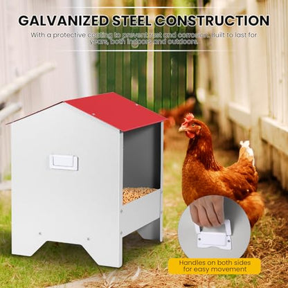 Metal Chicken Feeder with Weatherproof Lid Chicken Oyster Shell and Grit Feeder 10Lbs Poultry Feeding Trough for Hens, Ducks, Geese, Coop Accessories Supplies