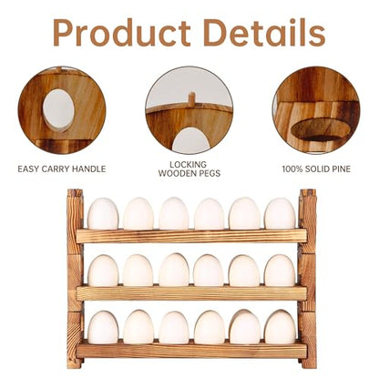 Wooden Egg Holder, 3 Tier 36 Egg Capacity, Farmhouse Egg Holder for Countertop, Stackable Egg Storage Rack for Fresh Eggs, Rustic Wooden Egg Organizer with Handles for Kitchen Counter