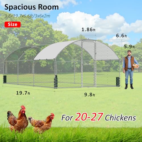 Large Metal Chicken Coop, Chicken Run with Feeding Door, Security Lock and Cover, Outdoor Walk-in Duck/Rabbit Cage Poultry Pen for Backyard, Farm, Yard (Silver - Dome Roof, 19.7 x 9.8 x 6.6 FT) - size: 236.0"L x 118.0"W x 78.7"H
