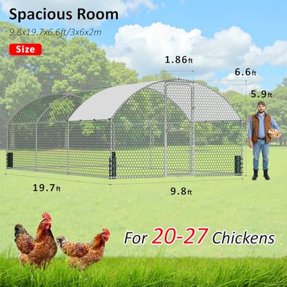 Large Metal Chicken Coop, Chicken Run with Feeding Door, Security Lock and Cover, Outdoor Walk-in Duck/Rabbit Cage Poultry Pen for Backyard, Farm, Yard (Silver - Dome Roof, 19.7 x 9.8 x 6.6 FT) - size: 236.0"L x 118.0"W x 78.7"H