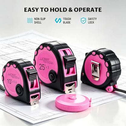 Lichamp Pink Tape Measure 4 Pack, with Soft Tape Measures, 10ft x 5/8in, 16ft x 3/4in, 25ft x 1in, 04MXPK