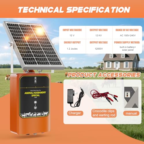 10-Mile Livestock Electric Fence, 12W Solar Panel Fast Charging,24-Hour uninterrupted Discharge to Drive Away Wild Animals, Built-in Large-Capacity Battery, can Last for X Hours (Orange Color)