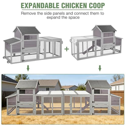 Mobile Chicken Coop with Wheels for 4-6 Chickens, Large Wooden Hen House Duck Cage with Run, Nesting Box, Easy Clean Pull-Out Tray, Waterproof Asphalt Roof - Grey, 78" L x 27.6" W x 45" H - size: 78.0"L x 27.6"W x 45.0"H