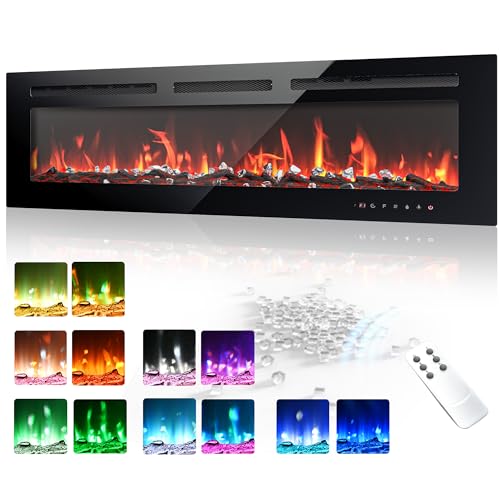 EUHOMY 50 Inch Electric Fireplace Wall Recessed and Wall Mounted with Adjustable Flame Color, Fireplace Heater with Remote Control, Linear Fireplace with Timer, Touch Screen, Log & Crystal, 750/1500W - size: 50 Inch