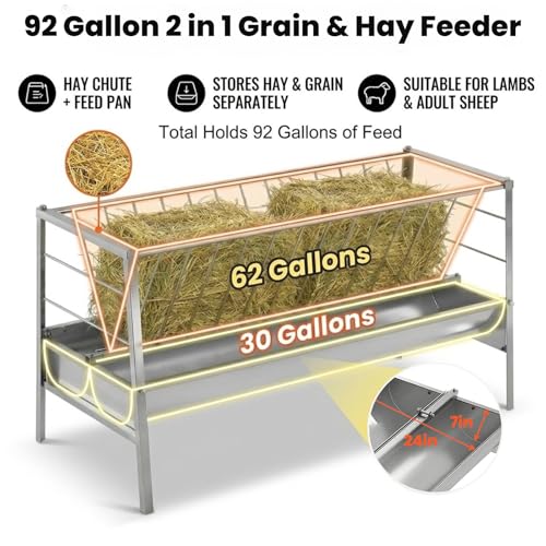 Goat Hay Feeder, 92 Gallons Large Capacity Goat Feeder, Stainless Steel Hay Feeder for Goats with Durable Frame, Deeper Feeding Pan for Goats, Sheep, Horse, Silver (Stainless Steels) - style: Stainless Steels