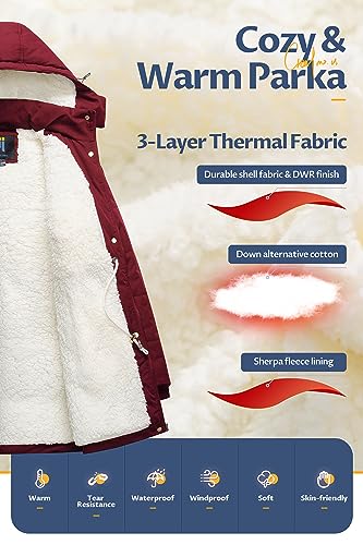 CREATMO US Women's Thicken Sherpa Winter Coat Puffy Warm Snow Jacket With Removable Hood - color: Burgundy, size: XX-Large