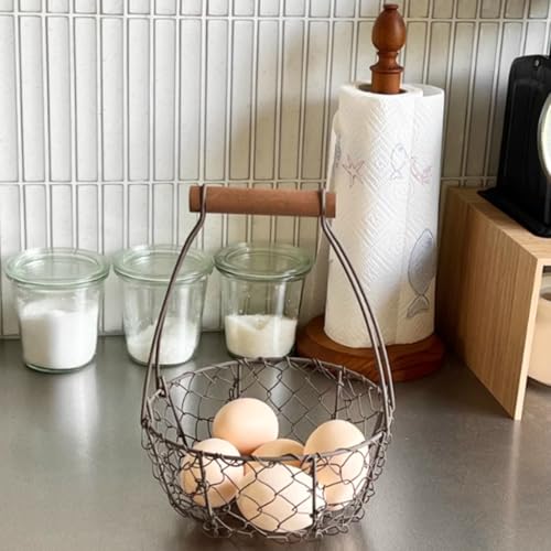 Farmhouse Wire Egg Basket for Collecting Fresh Eggs with Handles, Round Metal Egg Collection Basket, Countertop Egg Storage Basket(Medium)