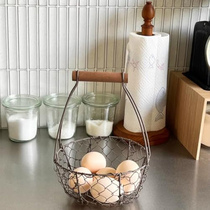 Farmhouse Wire Egg Basket for Collecting Fresh Eggs with Handles, Round Metal Egg Collection Basket, Countertop Egg Storage Basket(Medium)