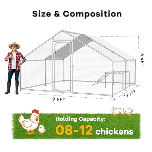 Large Metal Chicken Coop with Roosting Ladder, UV-Resistant and Waterproof Cover, Outdoor Walk-in Cage Hen House for Yard Farm Rabbit Duck Chicken Run, Spire Roof (13.1'W x 9.8'L x 6.4'H) - size: 157.5"L x 118.0"W x 78.0"H