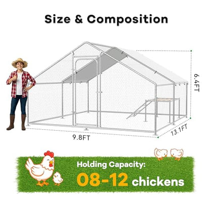 Large Metal Chicken Coop with Roosting Ladder, Waterproof and UV-Resistant Cover,Outdoor Walk-in Cage Hen House for Yard Farm Rabbit Duck Chicken Run, Spire Roof(13.1'W x 9.8'L x 6.4'H) - size: 157.5"L x 118.0"W x 78.0"H