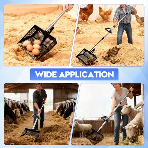 Chicken Poop Scooper & Rake 2-in-1,Chicken Poop Scooper with Stainless Steel Handle (35-61.8" Adjustable),Sifter Shovel Chicken Coop Sand Rake for Chicken Coops & Farm Animals
