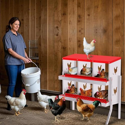 Chicken Nesting Box, 6 Compartment Metal Chicken Nesting Boxes with Bracket Legs for Chicken Coop, Large Vented Holes Chicken Laying Boxes with Rollout Egg Collection - color: Red, size: 6 Holes with Legs
