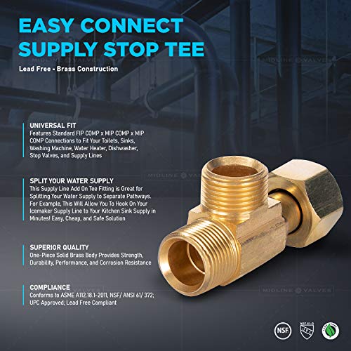 MIDLINE VALVE 73338-OM Add On Tee Fitting, Split Supply Line Outlet, 3/8 in. FIP COMP x MIP x Male Brass, 3/8 in. x 3/8"