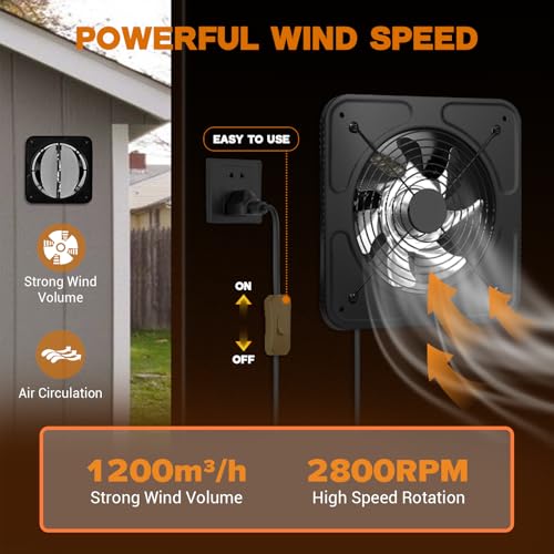YOZON 8-Inch Kitchen Exhaust Fan with Switch, 700CFM Garage Exhaust Fan, Ventilation Fan with Backdraft Damper for Attic, Workshop, Window, Smoking Room - size: 8 inch
