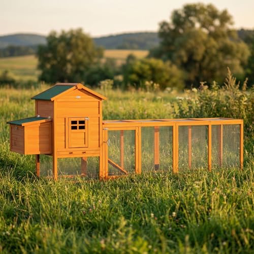 PawHut 118" Extra Large Chicken Coop with Asphalt Roof, Wooden Hen Run with Slide-Out Tray and Nesting Box, Chicken Hutch for 3-6 Chickens, Orange - color: Orange