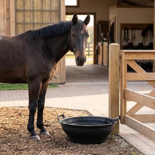 2-Pack Rubber Feed Pan, Plastic Horse Feed Pan with Handle, Thick & Stackable Animal Feeding Buckets for Horses Goats Chickens (15.4 Inch)