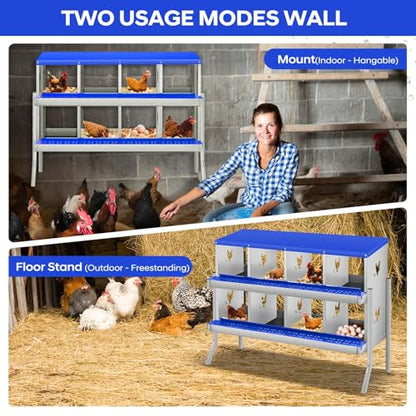 Removable Tray & Lid, Two-Tier Design - Galvanized Steel Chicken Nesting Box - 8 Compartments, Large Vented Holes, Wall Mount or Freestanding, Easy Clean - Blue, 8 Compartments ZW - color: Blue | 8 Compartments+legs
