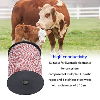 500M Electric Fence Poly Wire, High Conductivity Stainless Steel Strands, Electric Fence Accessories for Farm Ranch Horses Cattle Sheep Dogs