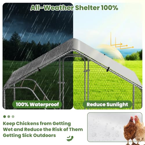 Large Chicken Coop with Roosting Perch, Waterproof and UV-Resistant Cover,10’ W x 4.9’ L x 6.4’H Metal Chicken Run Outdoor Walk-in Cage Rabbit Hen House Duck for Yard Farm, Spire Roof - size: 59.9"L x 118.0"W x 78.0"H
