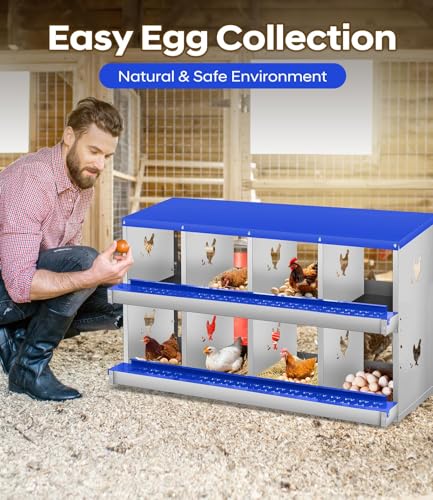8 Compartment Chicken Nesting Boxes, Metal Roll Away Egg Laying Boxes with Removable Tray & Lid Cover, Chicken Coop Nest Box for Hens, Egg Protection Design (Without Legs) Green - color: Blue, size: 8 hole - without leg