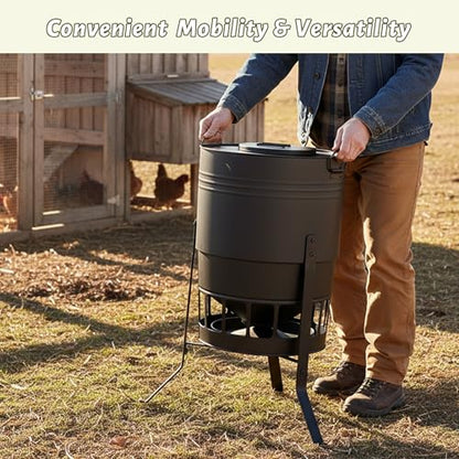 KOL Chicken Feeder No Waste for Coop & Outdoors, 16 Port 50lbs Poultry Feeder with Spill-Control Design, Rust-Proof Powder Coated Metal & Smooth Safe Edges (Black) - color: Black