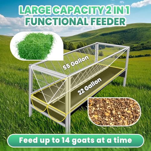 77 Gallon Heavy-Duty Stainless Steel Hay Feeder 59" x 19.6", 2 in 1 Silvery Goat Hay Feeder with 22 Gallon Black Feeding Pan, Easy to Assemble Pasture Hay Rack for Outdoor Farm, Horse Farm, Livestock
