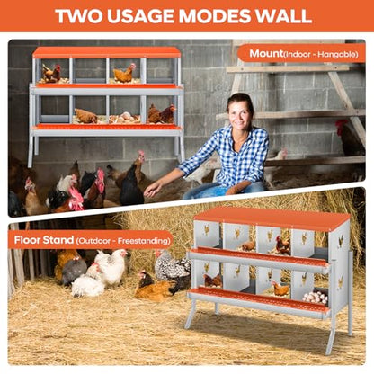 GarveeLife Chicken Nesting Box, 8 Compartments Nesting Box for Chickens, Two-Tier Galvanized Steel Chicken Egg Laying Box with Large Vented Holes Wall Mounting for Easy Egg Collection - color: Orange | 8 Compartments