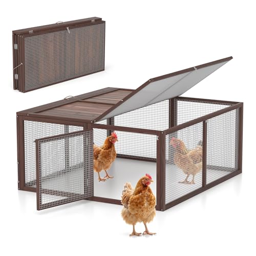 Chicken Coop, Wooden Rabbit Hutch Outdoor Indoor Folding Bunny Cage with Handle Portable Chicken Run with Top & Side Opening Doors Small Animal Playpen No Assembly Pet Poultry Cage for Bunny(Brown) - color: Brown