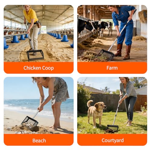 VavoPaw Chicken Poop Scooper, 35–75'' Adjustable Chicken Coop Scoop with Ergonomic Handle, 2-in-1 Scoop Shovel & Poop Rake for Easy Waste Cleaning, Metal Pooper Scooper for Henhouse, Sand, Cattle Shed