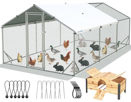 Quictent Large Metal Chicken Coop Run for 30+ Poultry with Beige Nest Box, Side Hardware Cloth & Cover, Advanced Series Outdoor Walk-in Cage Hen Duck Rabbit Dog Pen Yard Farm House, 18x9x6.6FT - color: Beige, size: 214.5"L x 107.3"W x 78.0"H
