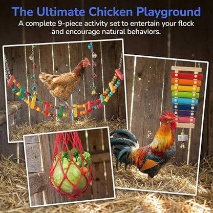 Complete Chicken Toys Set of 9 – All-in-One Chicken Coop Accessories with Xylophone, Swing, Chicken Mirror, Ladder, Vegetable String Bag & Hanging Feeder Coop Toy for Happy Hens - size: 9PCS