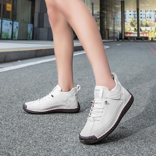 Womens Hand Stitching Leather Slip-On Ankle Boots with Adjustable Elastic Band Casual Lightweight Non-Slip Walking Loafers Retro High Top Flat Boat Shoes - color: White, size: 7 Wide