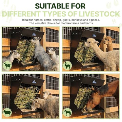 Wall Mount Hay Rack And Hay Feeder For Goats Sheep And Horses, Covered Galvanized Steel Goat Hay Feeder With Hinged Roof, 25 Gallon 2-In-1 No Waste Hanging Holder Grain Bin with hook For Cattle - color: Black