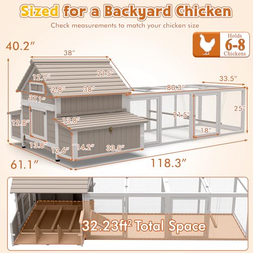 Ketive Large Chicken Coop with Run for 6–8 Chickens — Wooden Outdoor Hen House Chicken Hutch with 6 Nesting Boxes, Dual Ramp Doors, Slide-Out Tray, Curved Roof (118.3" L x 38" W x 40.2" H) - size: 118.3"L x 38.0"W x 40.2"H