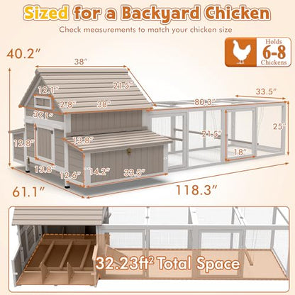 Ketive Large Chicken Coop with Run for 6–8 Chickens — Wooden Outdoor Hen House Chicken Hutch with 6 Nesting Boxes, Dual Ramp Doors, Slide-Out Tray, Curved Roof (118.3" L x 38" W x 40.2" H) - size: 118.3"L x 38.0"W x 40.2"H
