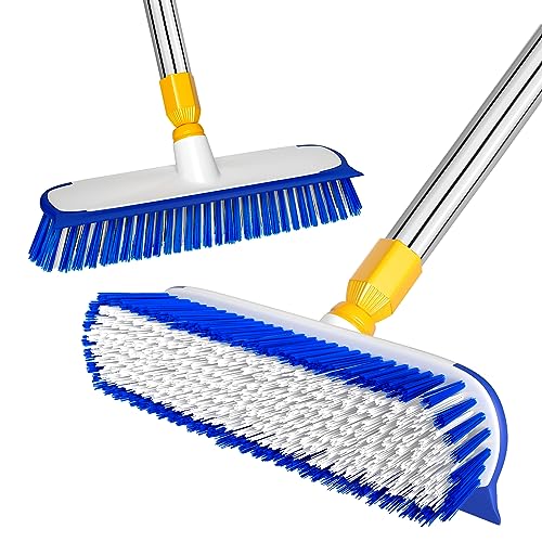 ITTAR 55" Extendable Floor Scrub Brush, 12" Wide Heavy-Duty 2-in-1 Scrub & Squeegee Deck Brush for Tile Grout Shower Floor, Kitchen, Restaurant, Patio & Garage Cleaning - color: Blue&white
