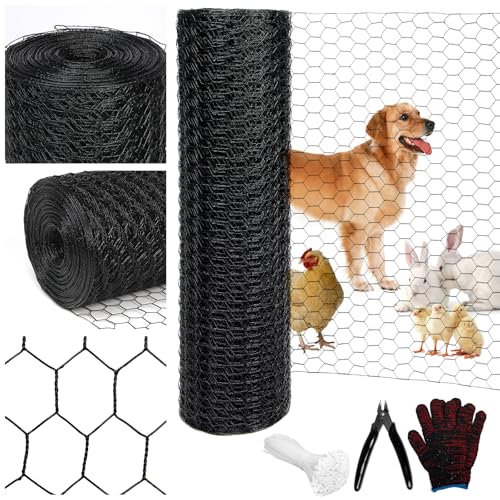 Black 19GA Chicken Wire 12inx150ft, Chicken Wire Fencing, Garden Fence, Metal Poultry Wire Netting, Galvanized PVC Coated Mesh for Animal/Rabbit/Floral/Chicken Coop/DIY Projects. - color: Black, size: 12inx150ft