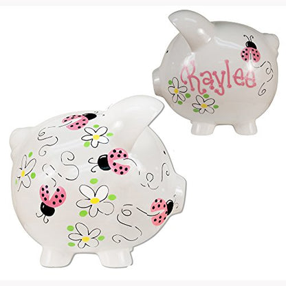 My Bambino Girl's Hand Painted Personalized Pink Ladybug Piggy Bank Large White piggybank Baby Gift (Pink Ladybug) - color: Pink Ladybug