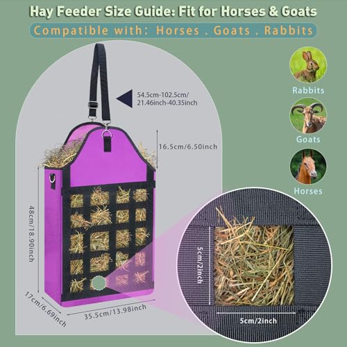 2 Pack Purple Slow Feed Hay Bags for Horses Goats Rabbits Donkeys,Heavy Duty Oxford Hay Feeder with Front Hay Net Design, Easy Fill Hanging Forage Bag (Premium Animal Feeding Solution)